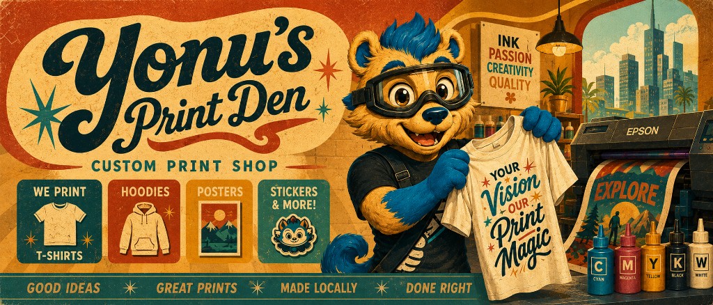 Yonu's Print Den custom print shop — t-shirts, hoodies, posters, stickers and more. Your vision, our print magic.